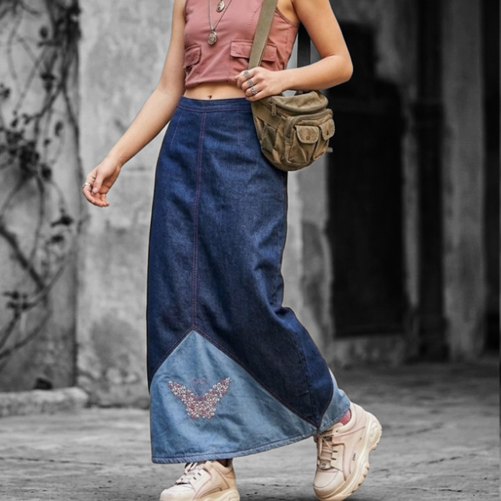 Vintage 90's Funky People Denim Maxi Skirt Embroidered Flowers an Butterfly